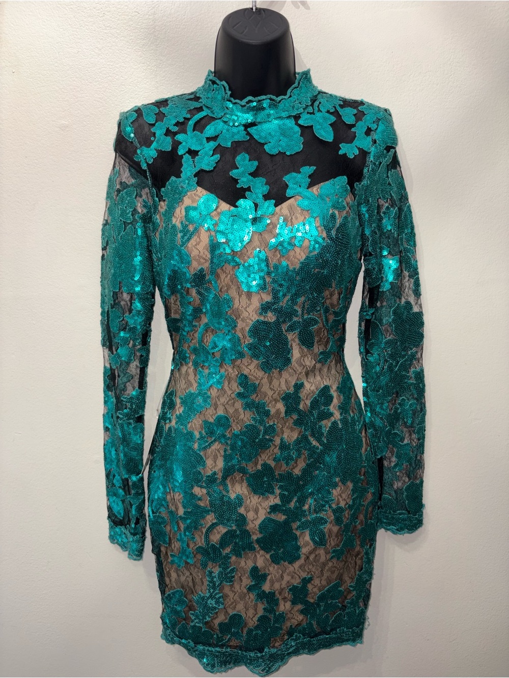 Teal Emerald Sequin Floral Lace Sheer Long Sleeve Bodycon coctail/holiday Dress